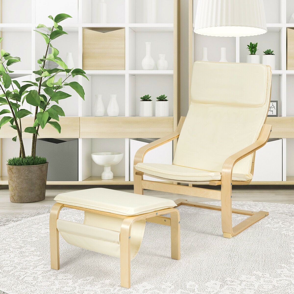Wooden Lounge Chair with Footstool and Removable Cushion